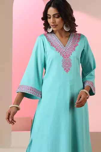 Blue embroidered cotton kurta set