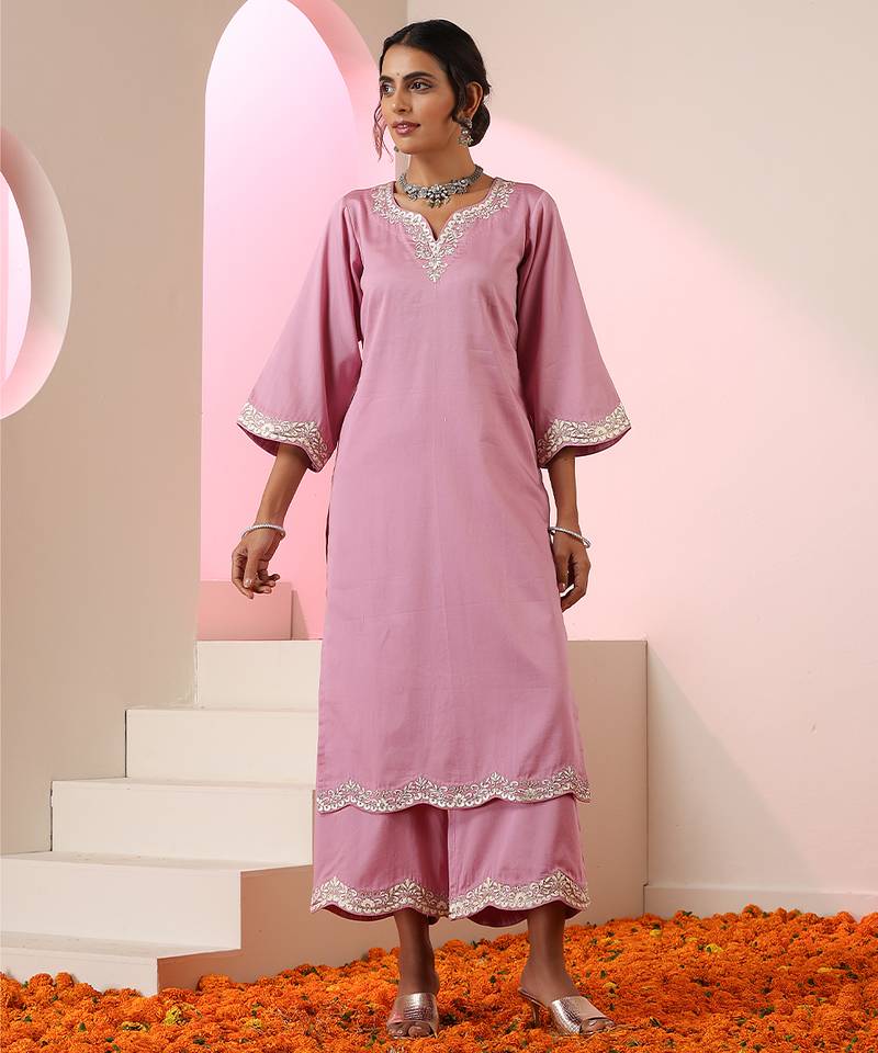 Lavender embroidered cotton kurta set