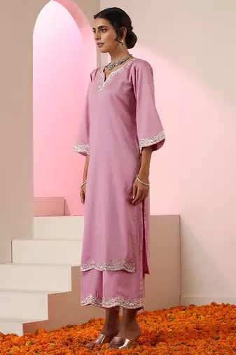 Lavender embroidered cotton kurta set