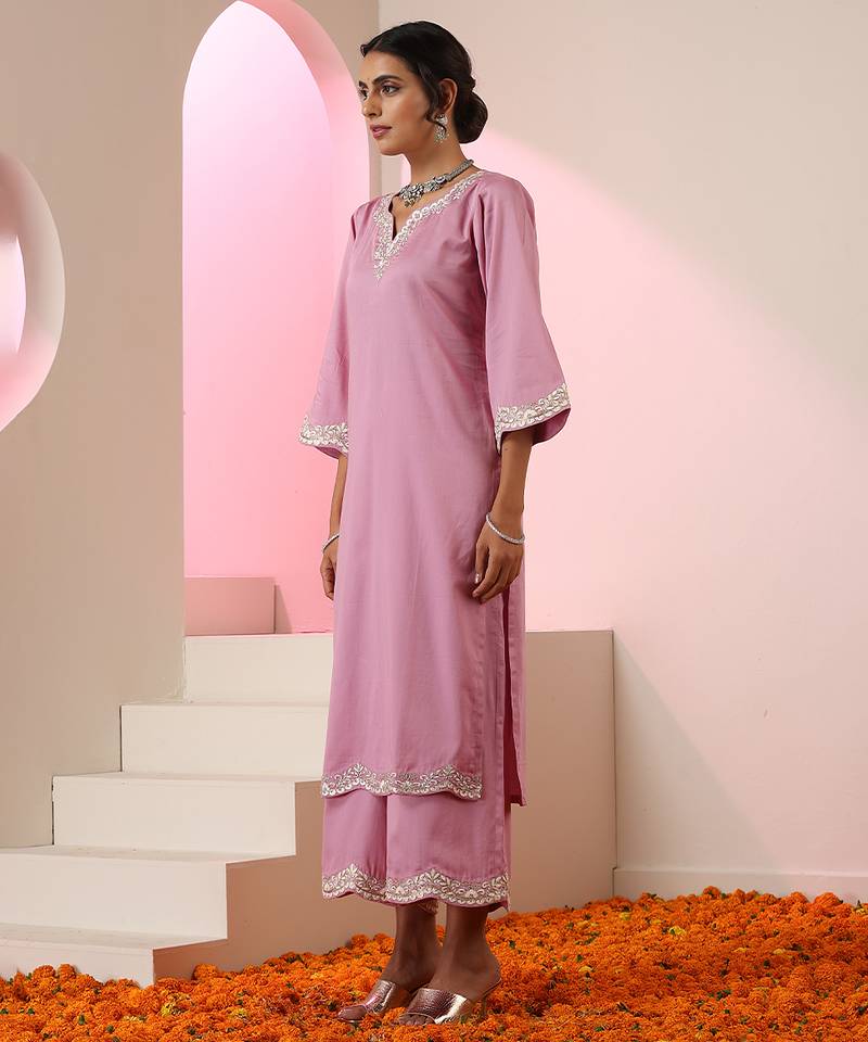 Lavender embroidered cotton kurta set