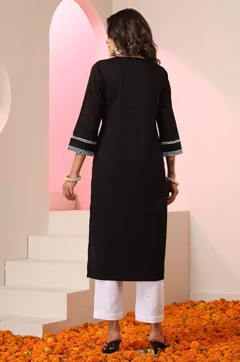 Black embroidered cotton kurta set