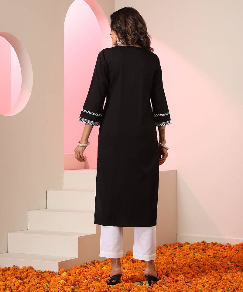 Black embroidered cotton kurta set