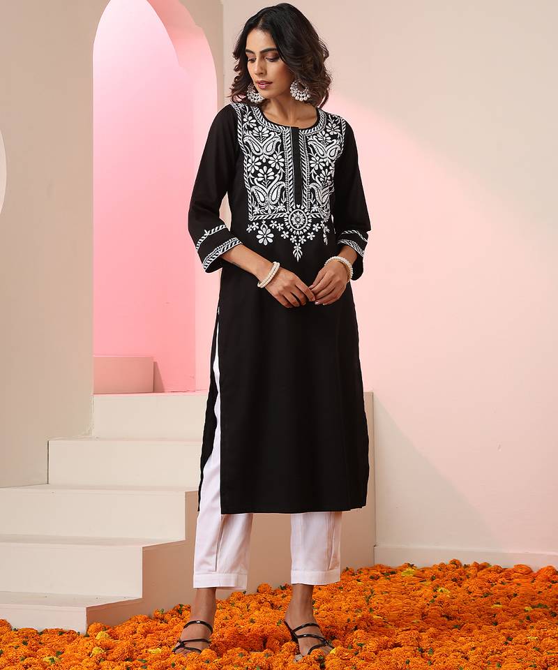 Black embroidered cotton kurta set