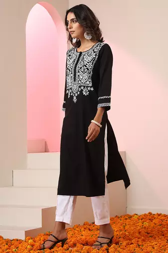 Black embroidered cotton kurta set