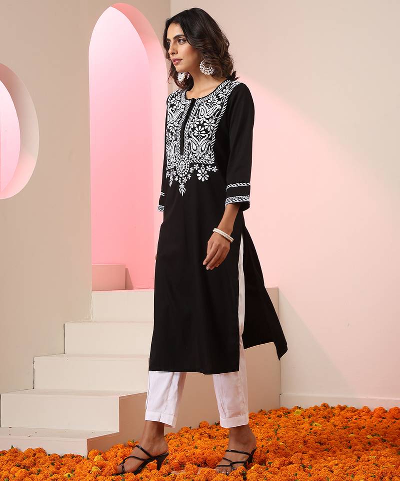 Black embroidered cotton kurta set