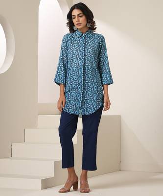 Blue printed muslin kurta set 1