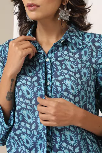 Blue printed muslin kurta set