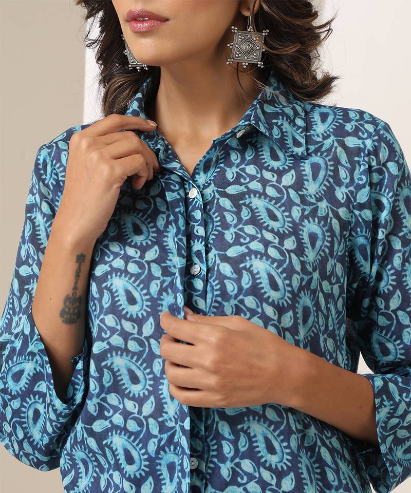 Blue printed muslin kurta set