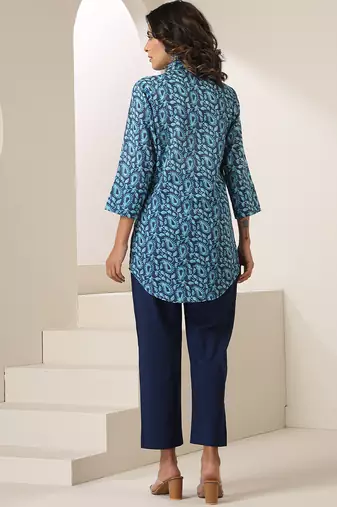 Blue printed muslin kurta set