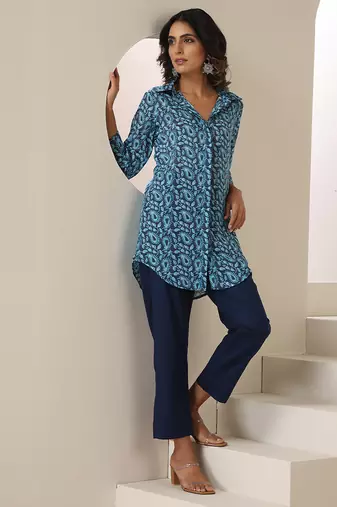 Blue printed muslin kurta set