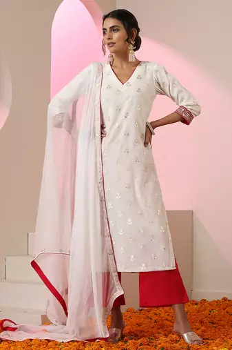 White embroidered chanderi kurta set