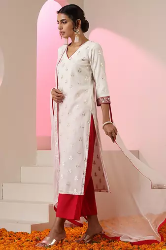 White embroidered chanderi kurta set