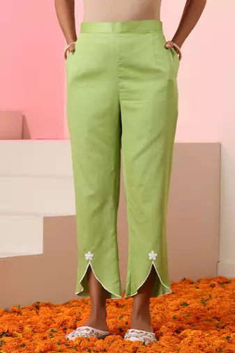 Green embroidered cotton kurta set