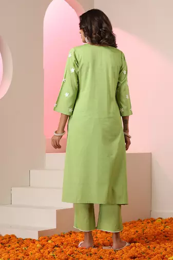 Green embroidered cotton kurta set
