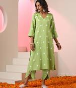 Green embroidered cotton kurta set
