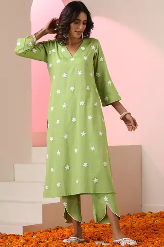 Green embroidered cotton kurta set