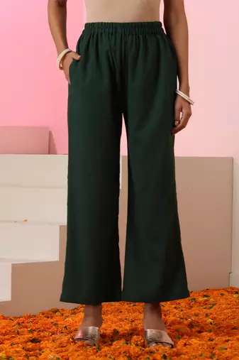 Green embroidered linen kurta set