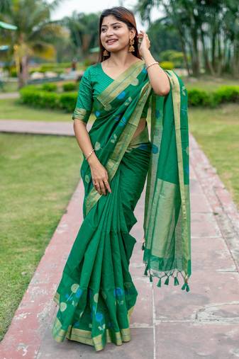 green linen silk blend saree with jamdani weaving border & floral woven design with zari pallu and brocade blouse