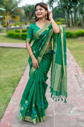 green linen silk blend saree with jamdani weaving border & floral woven design with zari pallu and brocade blouse