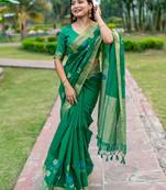 green linen silk blend saree with jamdani weaving border & floral woven design with zari pallu and brocade blouse