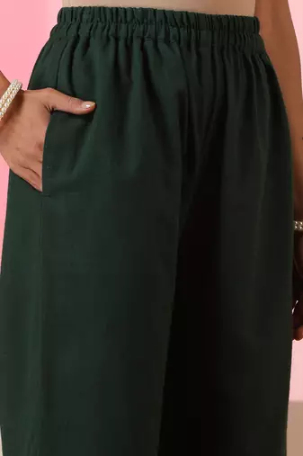 Green embroidered linen kurta set