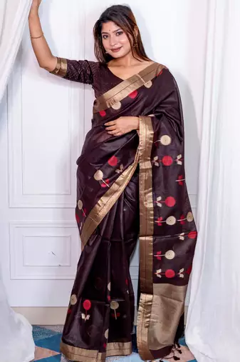 brown linen silk blend saree with jamdani weaving border & floral woven design with zari pallu and brocade blouse