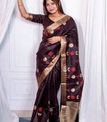 brown linen silk blend saree with jamdani weaving border & floral woven design with zari pallu and brocade blouse