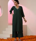 Green embroidered linen kurta set