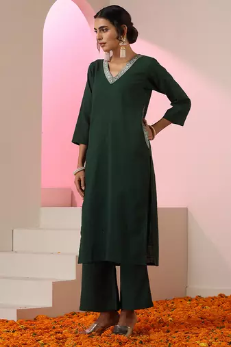 Green embroidered linen kurta set