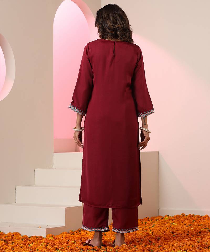 Maroon embroidered silk kurta set