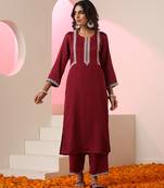 Maroon embroidered silk kurta set