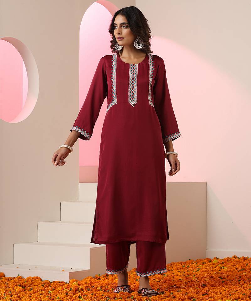 Maroon embroidered silk kurta set