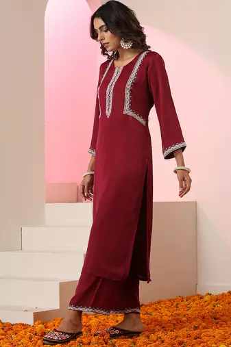 Maroon embroidered silk kurta set