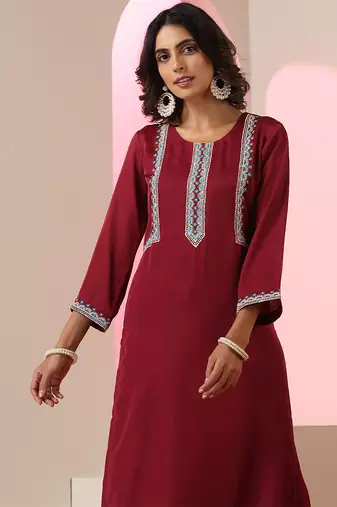 Maroon embroidered silk kurta set