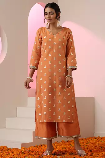 Orange embroidered chanderi kurta set