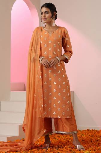 Orange embroidered chanderi kurta set
