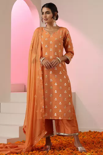 Orange embroidered chanderi kurta set