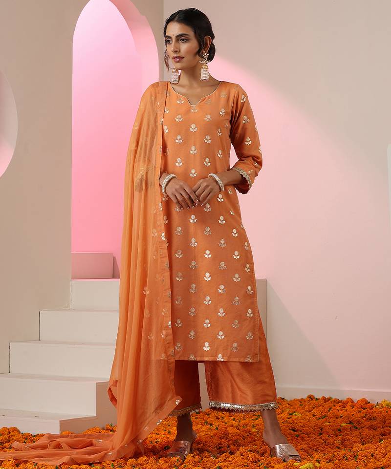 Orange embroidered chanderi kurta set