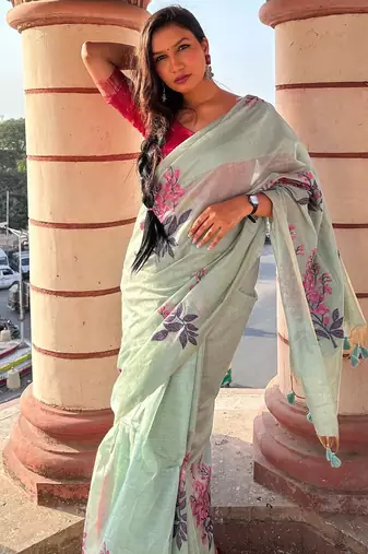 sea green designer muga silk blend saree with all over floral weaving & classic tassels | trendy contrast blouse saree