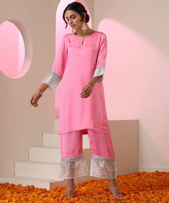 Pink plain silk kurta set 1
