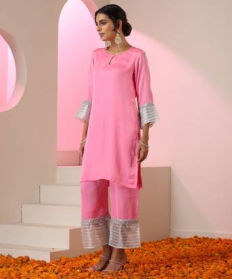 Pink plain silk kurta set 2