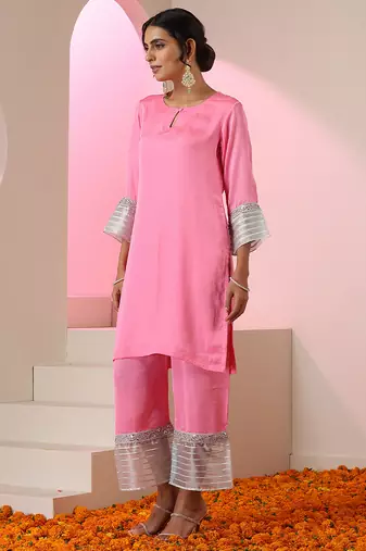 Pink plain silk kurta set