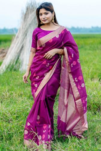 magenta linen silk blend saree with jamdani weaving border & floral woven design with zari pallu and brocade blouse