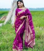 magenta linen silk blend saree with jamdani weaving border & floral woven design with zari pallu and brocade blouse