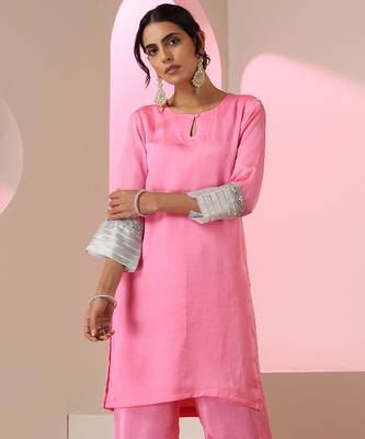 Pink plain silk kurta set 3