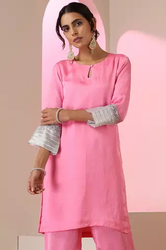 Pink plain silk kurta set