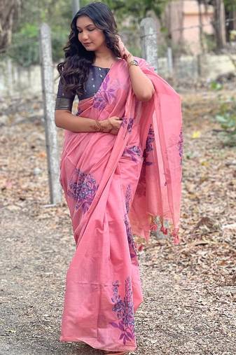 peach designer muga silk blend saree with all over floral weaving & classic tassels | trendy contrast blouse saree