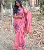 peach designer muga silk blend saree with all over floral weaving & classic tassels | trendy contrast blouse saree