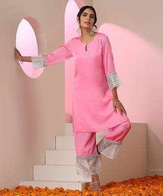 Pink plain silk kurta set 4