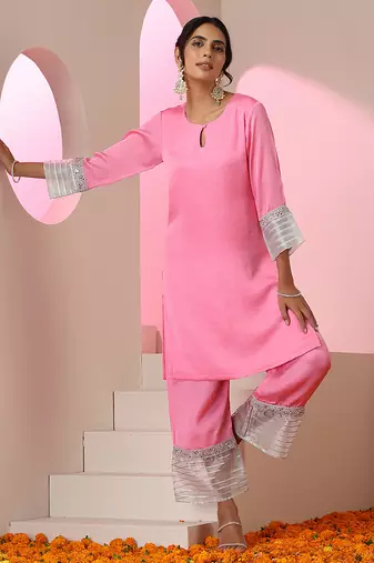 Pink plain silk kurta set